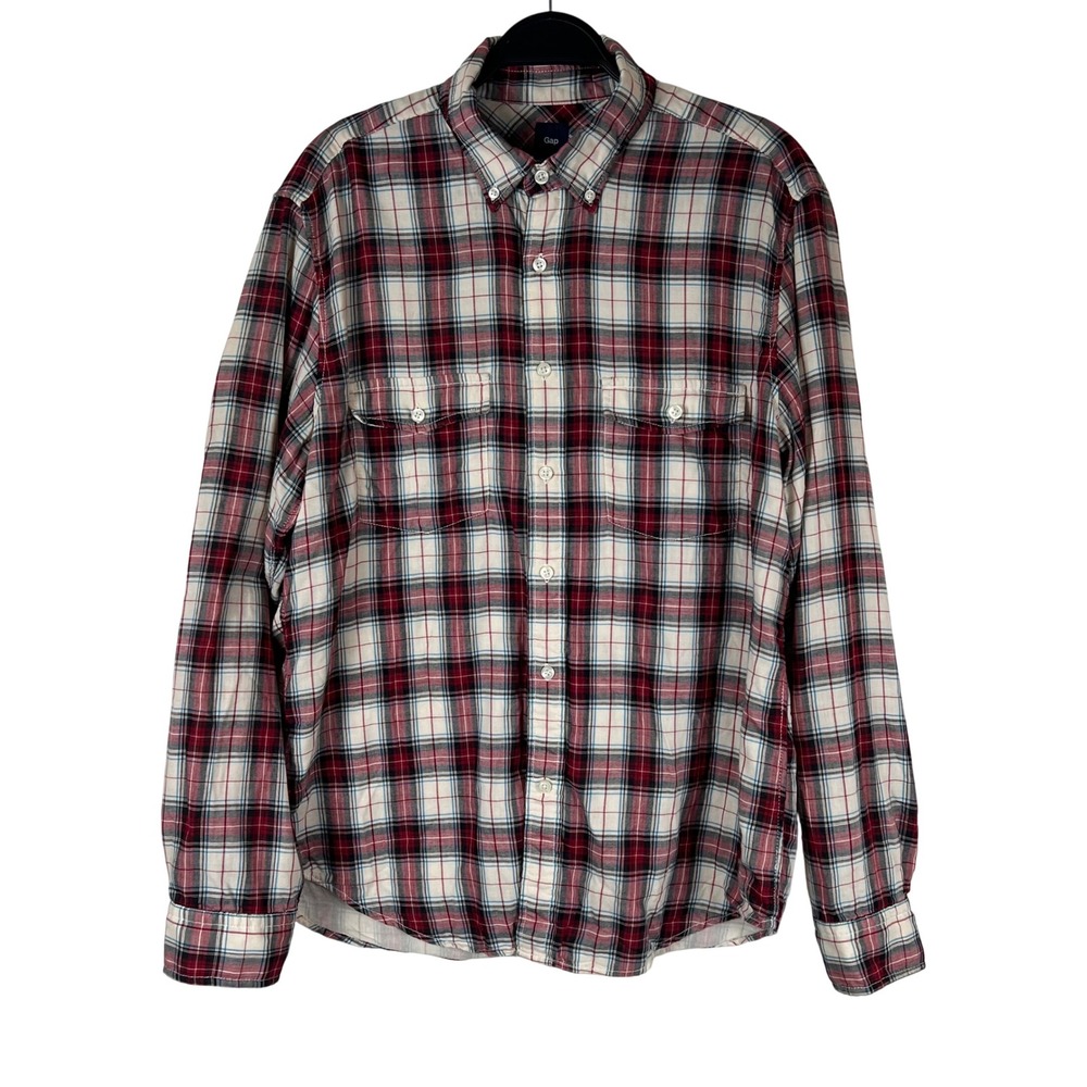 Gap Mens Large Plaid Button Down Shirt Red White Blue 100% Cotton 692766-00